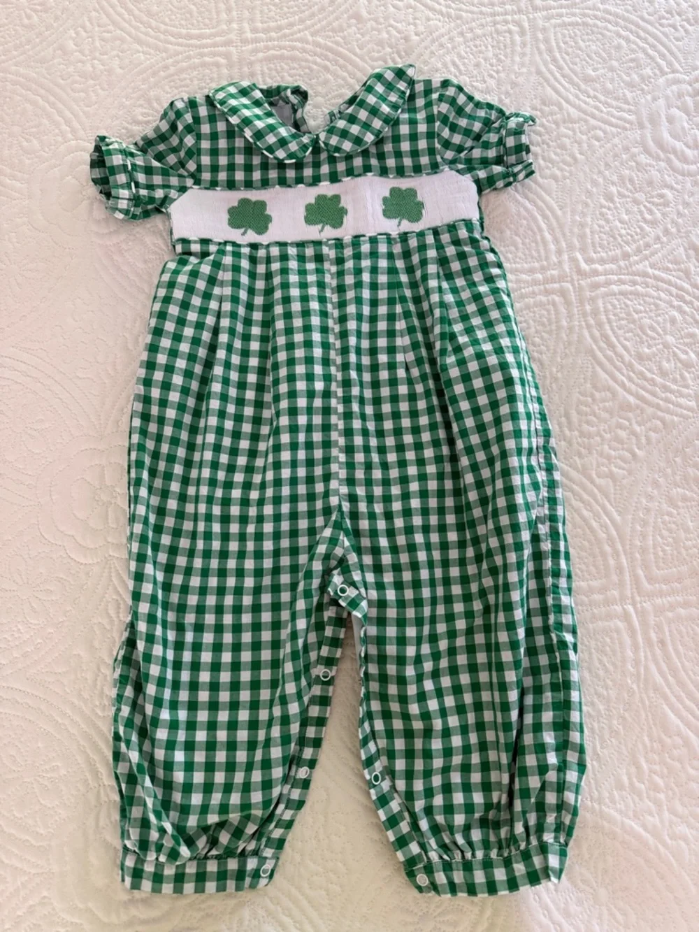 Cecil and Lou smocked shamrock long romper